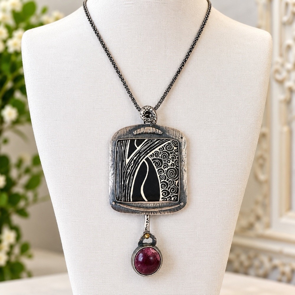 Artisan Sterling Silver Pendant Necklace 925 Italy 24" Ceramic Red Stone OOAK